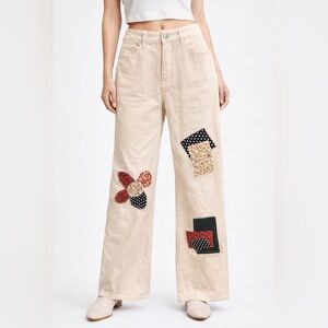 J099. Beige Wide-Leg Patchwork Jeans
